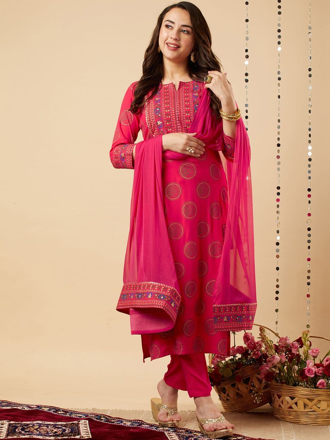 GoSriKi Ethnic Motifs Yoke Design Gotta Patti Kurta With Trousers & Dupatta