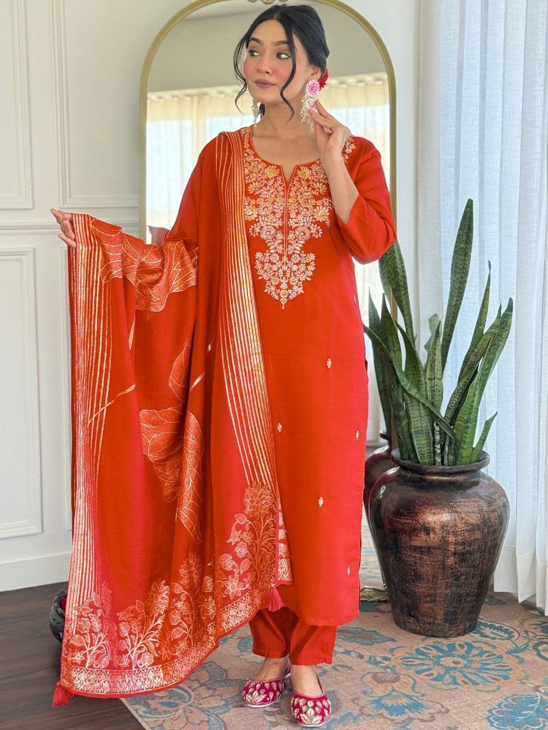 Anouk Rustic Women Ethnic Motifs Embroidered V-Neck Sequinned Kurta with Salwar & Dupatta