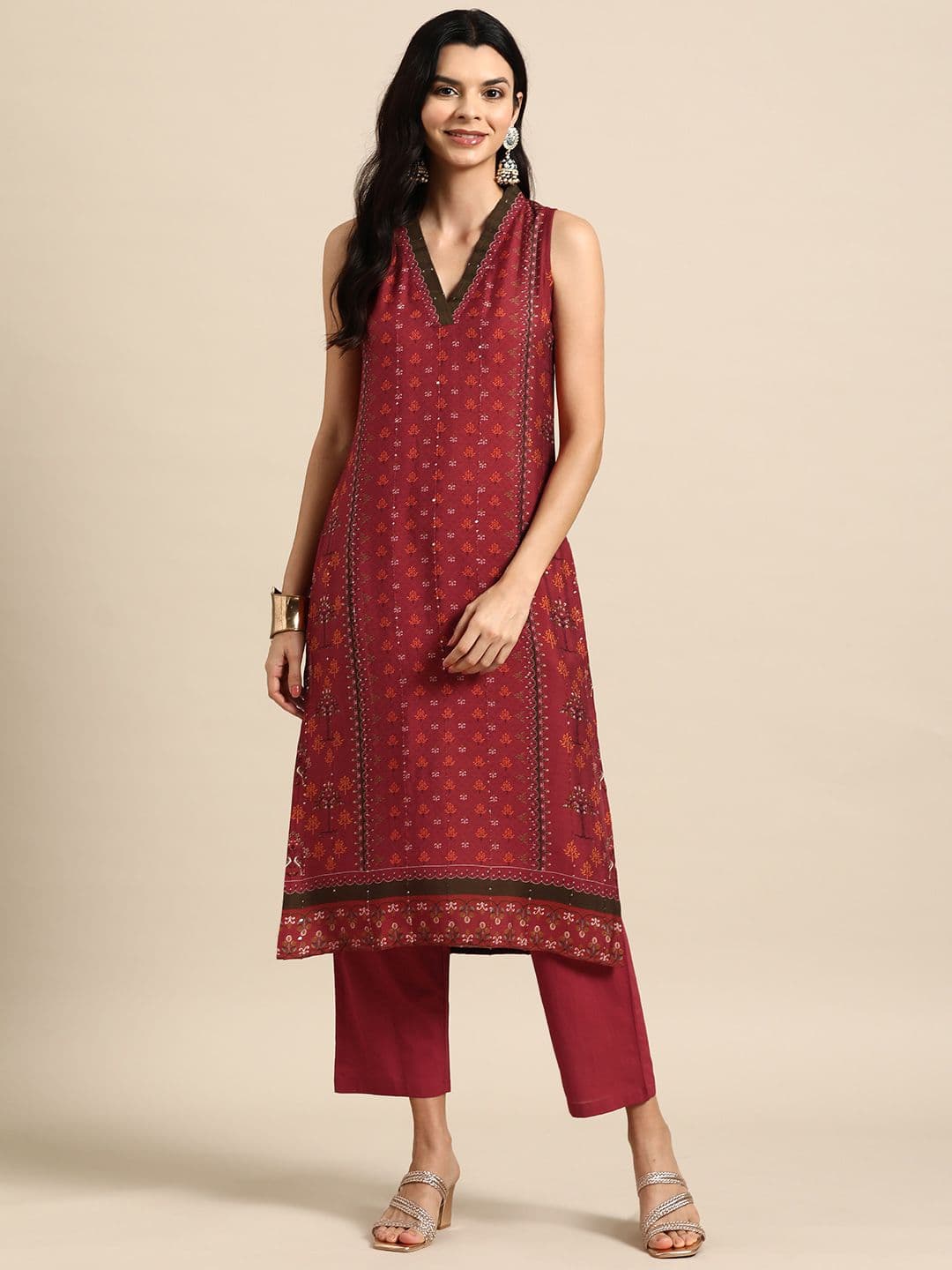 anayna Women Ethnic Motifs Printed Regular Sequinned Kurta with Trousers