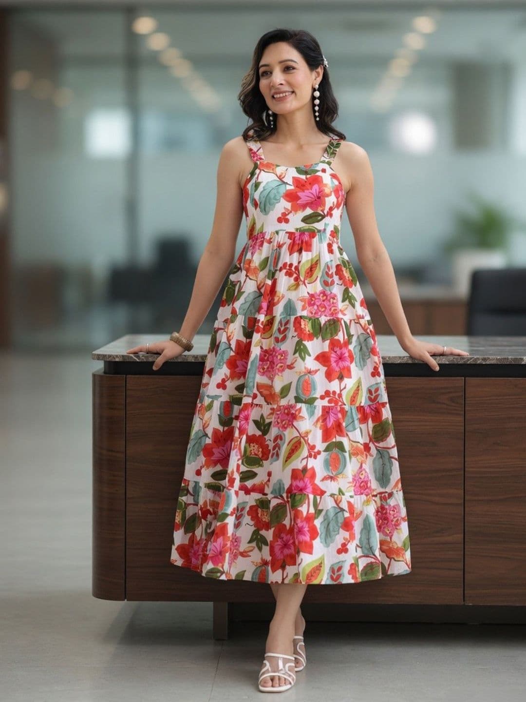 Rain & Rainbow Floral Printed Pure Cotton Fit & Flare Midi Ethnic Dresses